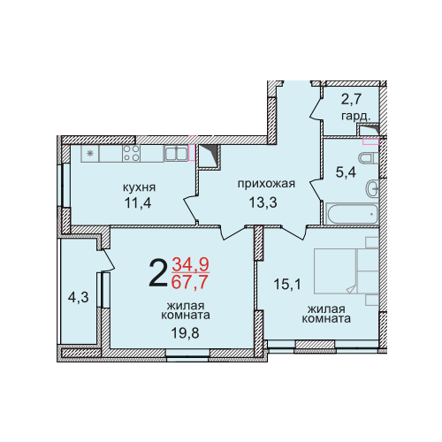 Двухкомнатная квартира 67,7 кв.м. в ЖК «Фэнси»