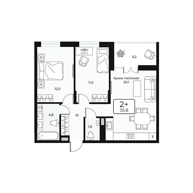 Двухкомнатная квартира 55,8 кв.м. в дизайн-квартале «МОЁ»