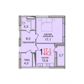 Однокомнатная квартира 44,2 кв.м. в ЖК «Фэнси»
