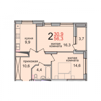 Двухкомнатная квартира 56,3 кв.м. в ЖК «Фэнси»