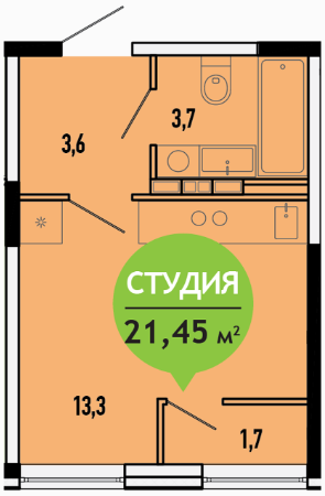 Планировка квартиры-студии в Тюмени площадью 21,45 кв.м.